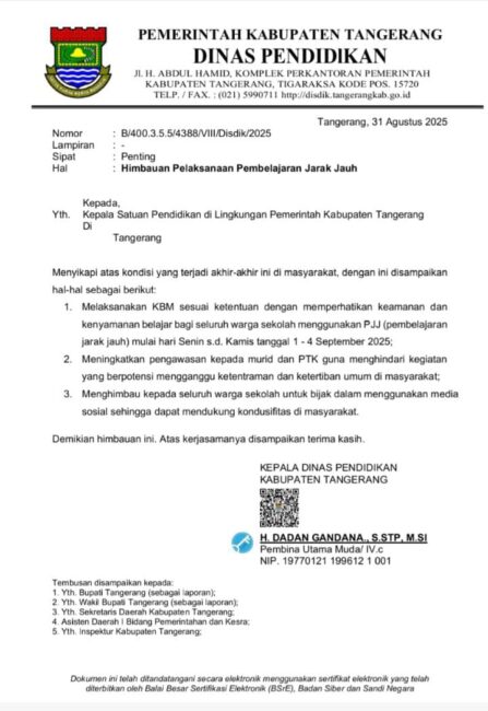 Dindik Kabupaten Tangerang Keluarkan Surat Himbauan PJJ